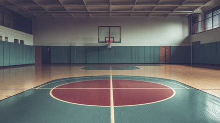 A minimalist view of an empty basketball court in a school gym, with a focus on the center circle and boundary linesの素材