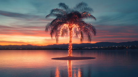 A palm tree adorned with twinkling lights, standing tall against a sunset sky, casting soft reflections on the water.の素材