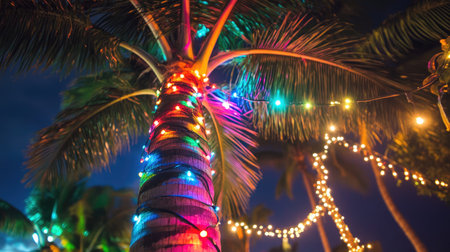 A palm tree glowing with colorful lights, providing a festive atmosphere for an outdoor tropical event.の素材