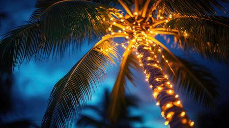 A palm tree beautifully lit up with warm fairy lights, glowing against a dark night sky, creating a tropical ambiance.の素材