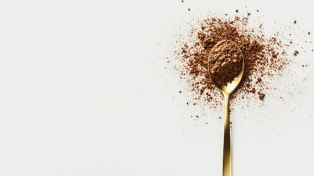 A modern composition with a gold spoon heaped with cocoa powder, styled on a clean white background.の素材