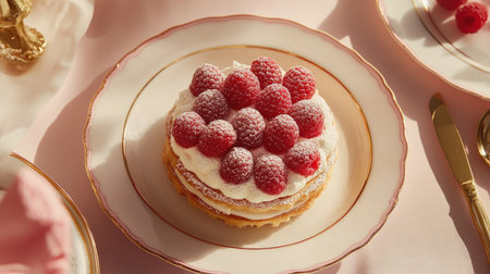 A millefeuille topped with raspberries and a light dusting of powdered sugar, placed on a pastel-colored table setting.の素材
