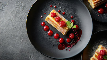 A modern dessert setting with millefeuille slices served on sleek black plates, accented with vibrant red berries.の素材