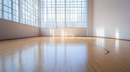 A minimalist view of an empty basketball court in a school gym, with a focus on the center circle and boundary linesの素材