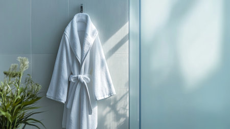 A modern, minimalist bathroom featuring a single white bathrobe hanging on a sleek hook against a frosted glass panel.の素材