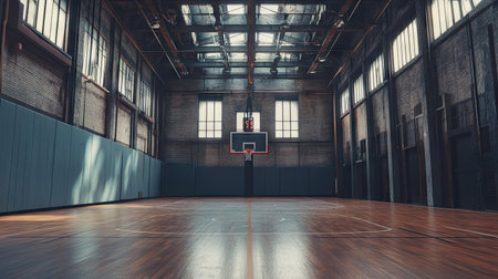 A modern indoor basketball court in a school, with hoops, painted lines, and a high ceiling with industrial lightsの素材