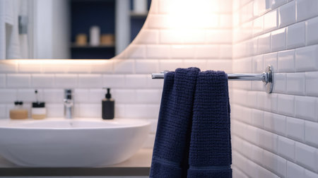 A navy-blue towel hanging in a modern bathroom with subway tiles and minimalist fixtures.の素材