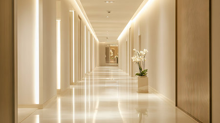 A long, bright corridor with soft lighting and a neutral color palette, giving it a tranquil and clean lookの素材