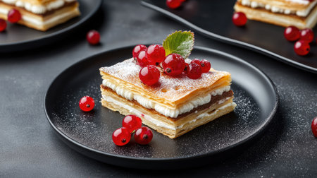 A modern dessert setting with millefeuille slices served on sleek black plates, accented with vibrant red berries.の素材