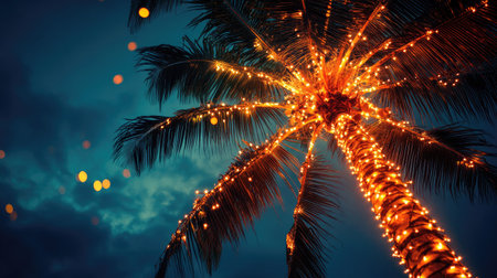 A palm tree beautifully lit up with warm fairy lights, glowing against a dark night sky, creating a tropical ambiance.の素材