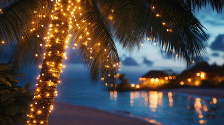 A palm tree decorated with soft glowing lights, creating a peaceful ambiance in a tropical resort at night.の素材