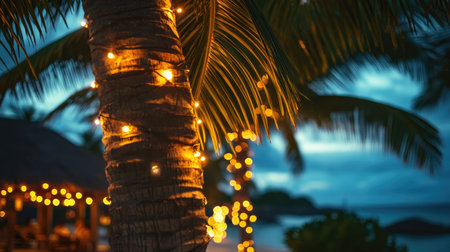A palm tree decorated with soft glowing lights, creating a peaceful ambiance in a tropical resort at night.の素材