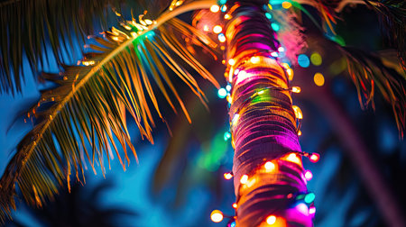 A palm tree glowing with colorful lights, providing a festive atmosphere for an outdoor tropical event.の素材