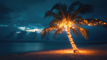 A palm tree decorated with glowing lights on a sandy beach, illuminated by the soft glow of nightfall.の素材