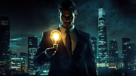 A modern businessman presenting a glowing light bulb in his hand, with a professional city skyline as the backdropの素材