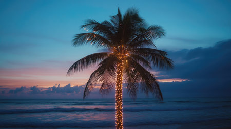 A palm tree decorated with twinkling lights, standing tall on a tropical beach as the sky transitions from dusk to night.の素材