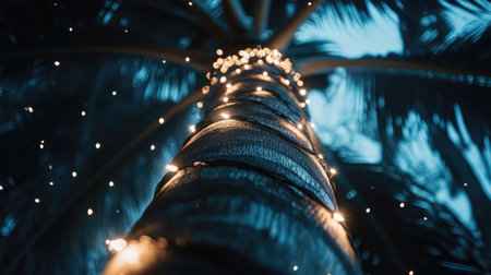 A palm tree with strings of bright white lights wrapped around its trunk, creating a magical night-time atmosphere.の素材