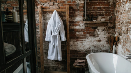 A rustic bathroom setup with a white bathrobe hanging on a wooden rack near exposed brick walls.の素材