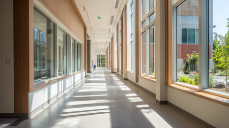 A quiet hallway with natural light spilling through large windows, highlighting the minimalist architectureの素材