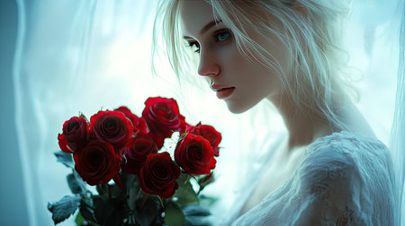 A serene portrait of a woman holding a bouquet of red roses, with soft natural light creating a warm atmosphereの素材