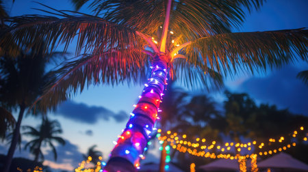 A palm tree glowing with colorful lights, providing a festive atmosphere for an outdoor tropical event.の素材