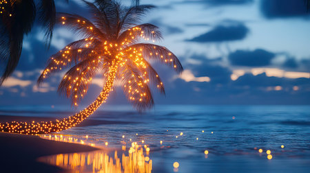 A palm tree wrapped in shimmering lights, casting warm reflections on the surrounding sand and water.の素材
