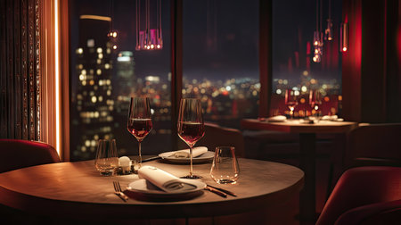 A romantic Valentine's Day dinner in a restaurant, with mood lighting, wine, and soft music playing in the backgroundの素材