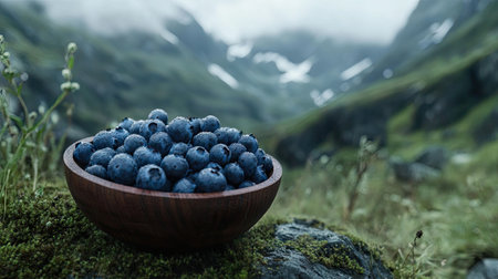 A simple arrangement of a wooden bowl filled with blueberries, isolated on a plain white background.の素材