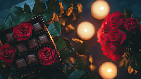 A romantic gift box of Valentine's chocolates, accompanied by a bouquet of roses and soft candlelightの素材