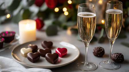 A romantic dinner for Valentine's Day, featuring champagne glasses, heart-shaped chocolates, and a soft glow from candlesの素材
