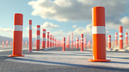 A set of orange traffic poles and red and white plastic tubes directing traffic around a roadwork siteの素材