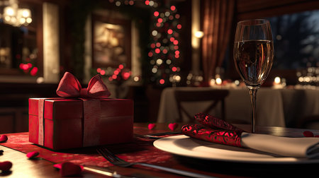 A romantic dinner setting for Valentine's Day, with a gift box and red hearts adding to the festive ambianceの素材