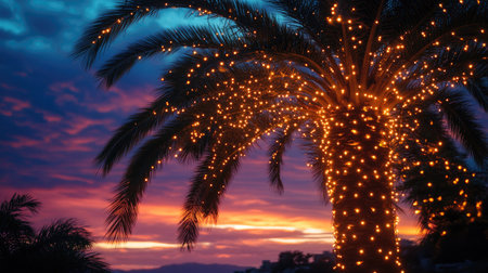 A palm tree illuminated by tiny fairy lights, set against a vibrant sunset sky, creating a stunning tropical scene.の素材