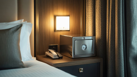 A secure metal safe in a contemporary hotel room, positioned discreetly inside a bedside cabinetの素材