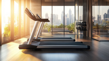 A sleek, modern electric treadmill isolated in the middle of a contemporary gym, emphasizing its minimalist design.の素材