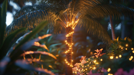 A palm tree illuminated with soft, glowing lights, surrounded by tropical plants and creating a cozy evening scene.の素材