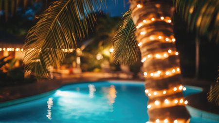 A palm tree with bright lights glowing in the night, standing in front of a luxury resort pool with a tropical vibe.の素材