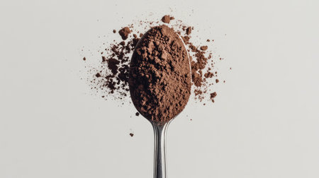 A silver spoon overflowing with cocoa powder, creating a small mound on a plain white background.の素材