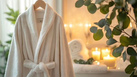 A plush white bathrobe hanging in a spa bathroom adorned with eucalyptus leaves and candles.の素材