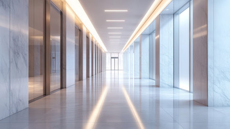 A serene, brightly lit corridor with wide, polished floors and a clean, minimalist design in a modern buildingの素材