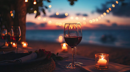 A romantic Valentine's dinner setup on the beach, with string lights, soft candlelight, and wine glasses on the tableの素材