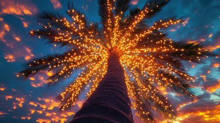 A palm tree illuminated by tiny fairy lights, set against a vibrant sunset sky, creating a stunning tropical scene.の素材