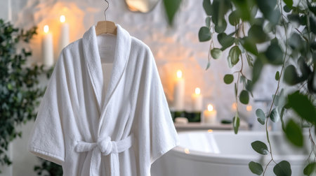 A plush white bathrobe hanging in a spa bathroom adorned with eucalyptus leaves and candles.の素材