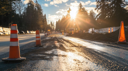 A roadside work area secured with orange traffic poles and red and white plastic tubes under bright sunlightの素材