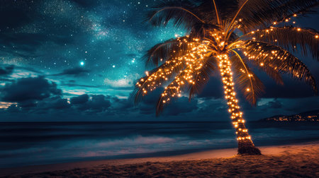 A palm tree wrapped in soft golden lights, standing tall by the beach under a starry night sky.の素材