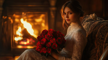 A romantic Valentine's Day setting with a woman holding a bouquet of red roses, seated near a softly glowing fireplaceの素材