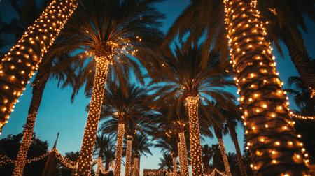 A row of palm trees decorated with fairy lights, creating a festive atmosphere for an outdoor celebration.の素材