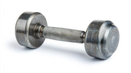 A single steel dumbbell, isolated on a white background, showcasing its modern design and sturdy build.の素材