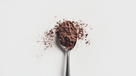 A silver spoon overflowing with cocoa powder, creating a small mound on a plain white background.の素材