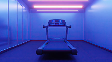 A side view of an empty electric treadmill in a clean, spacious gym, with bright fluorescent lighting above.の素材